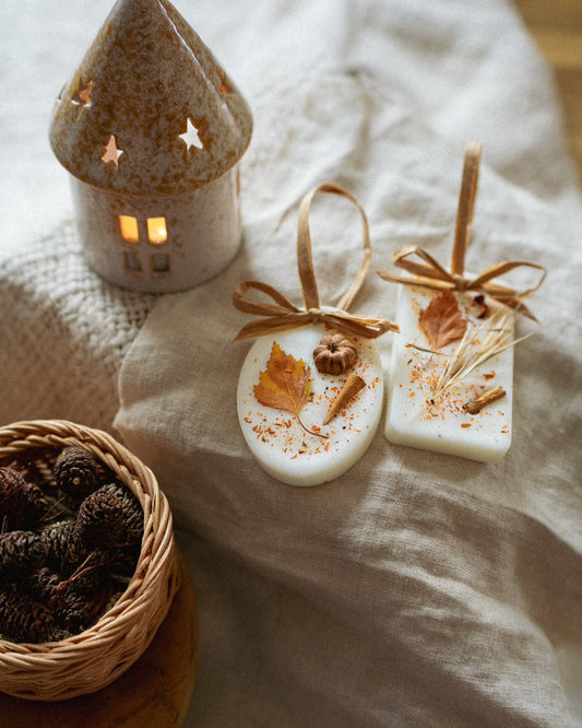 Decorative items including a small house-shaped candle, two decorative wax melts with natural elements, and a basket on a textured surface.
